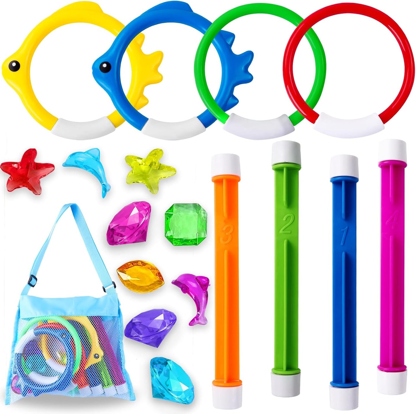 YUJUN Pool Diving Swimming Toys, Summer Underwater Game Toys with Pool Fishes Dive Sticks Rings Gems Storage Bag for Kids Swim Birthday Party Favors Quick Pick Grocers