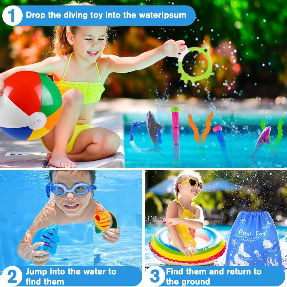 YUJUN Pool Diving Swimming Toys, Summer Underwater Game Toys with Pool Fishes Dive Sticks Rings Gems Storage Bag for Kids Swim Birthday Party Favors Quick Pick Grocers