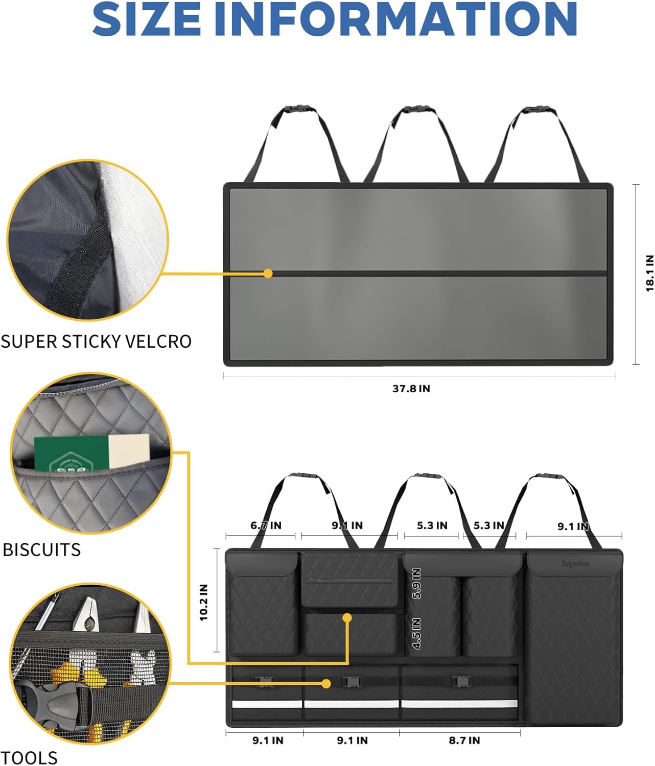 SugarFox Backseat Hanging Trunk Organizer for SUVs, Cars, Trucks & MPVs | Multi-Pocket Storage with Anti-Slip Straps | Space-Saving Auto Accessory | Gift for Drivers | 37.8" x 18.1" Quick Pick Grocers