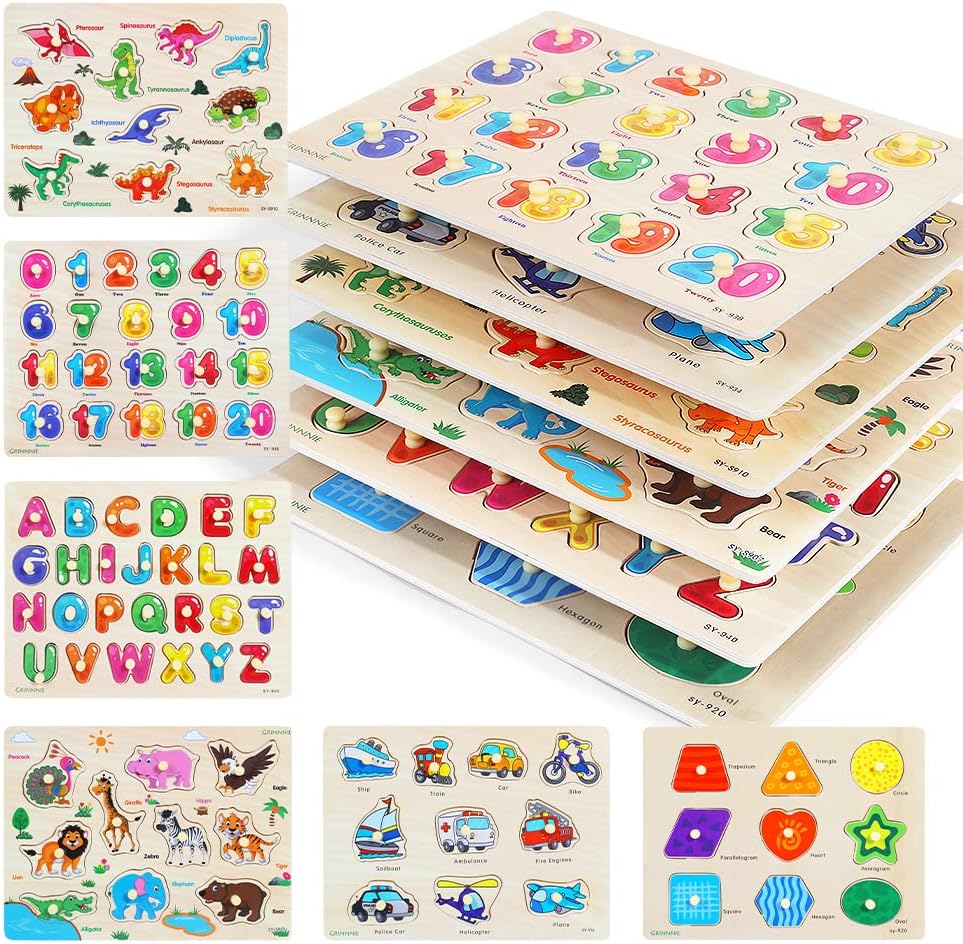 Wooden Peg Puzzle for Toddlers, 6 Pack Toddler Puzzles Set for 3 4 5 Years Old (Alphabet Number Shape Animal Dinosaur Vehicle), Preschool Education Learning Puzzle Toys for Girls and Boys Quick Pick Grocers