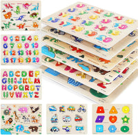 Wooden Peg Puzzle for Toddlers, 6 Pack Toddler Puzzles Set for 3 4 5 Years Old (Alphabet Number Shape Animal Dinosaur Vehicle), Preschool Education Learning Puzzle Toys for Girls and Boys Quick Pick Grocers