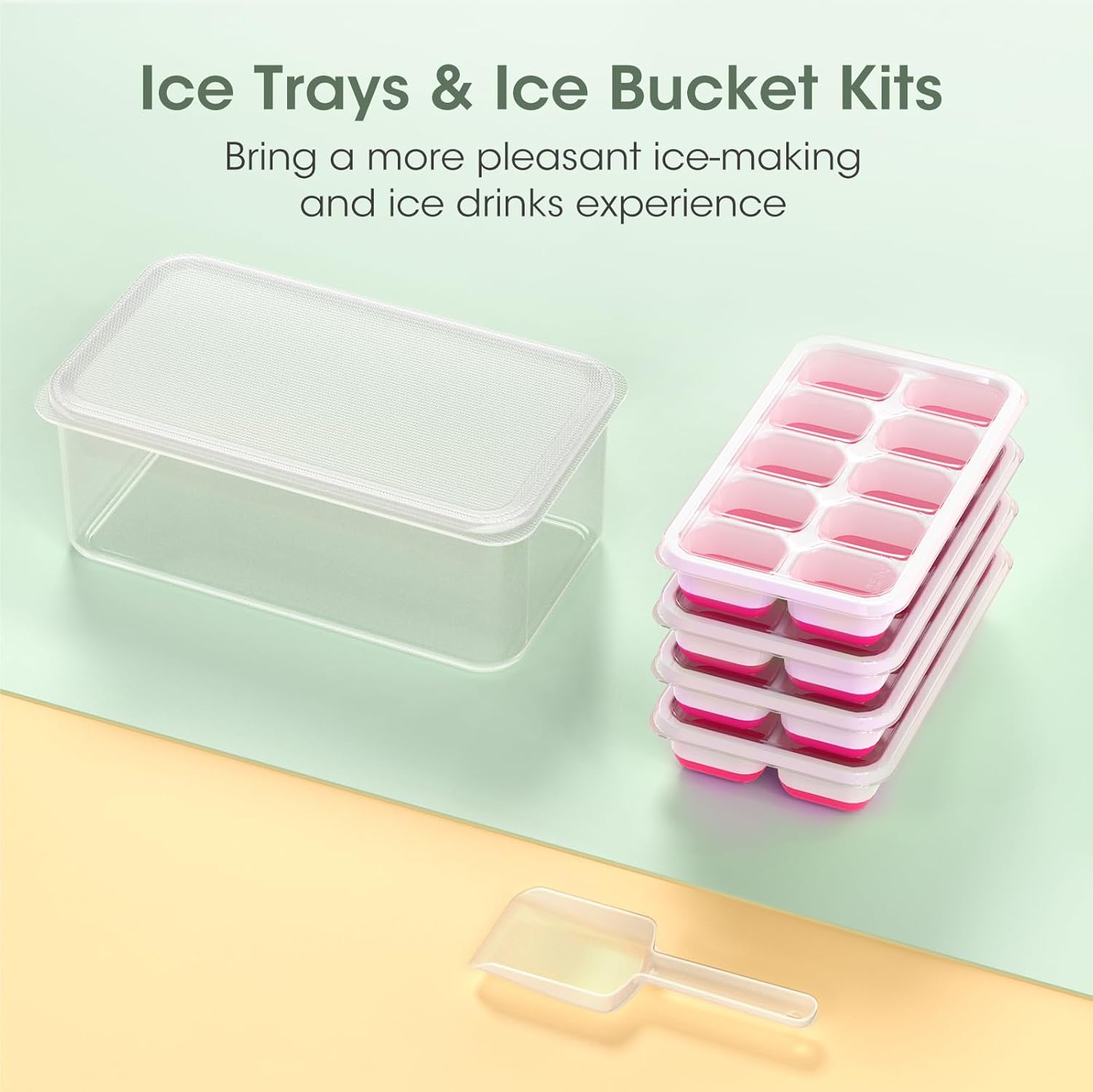 DOQAUS Ice Cube Tray with Lid and Bin - 4 Pack Silicone Ice Cube Trays for Freezer, Stackable Ice Bucket Kits with Storage Container & Scoop for Kitchen, RV, Cocktail, Coffee Quick Pick Grocers