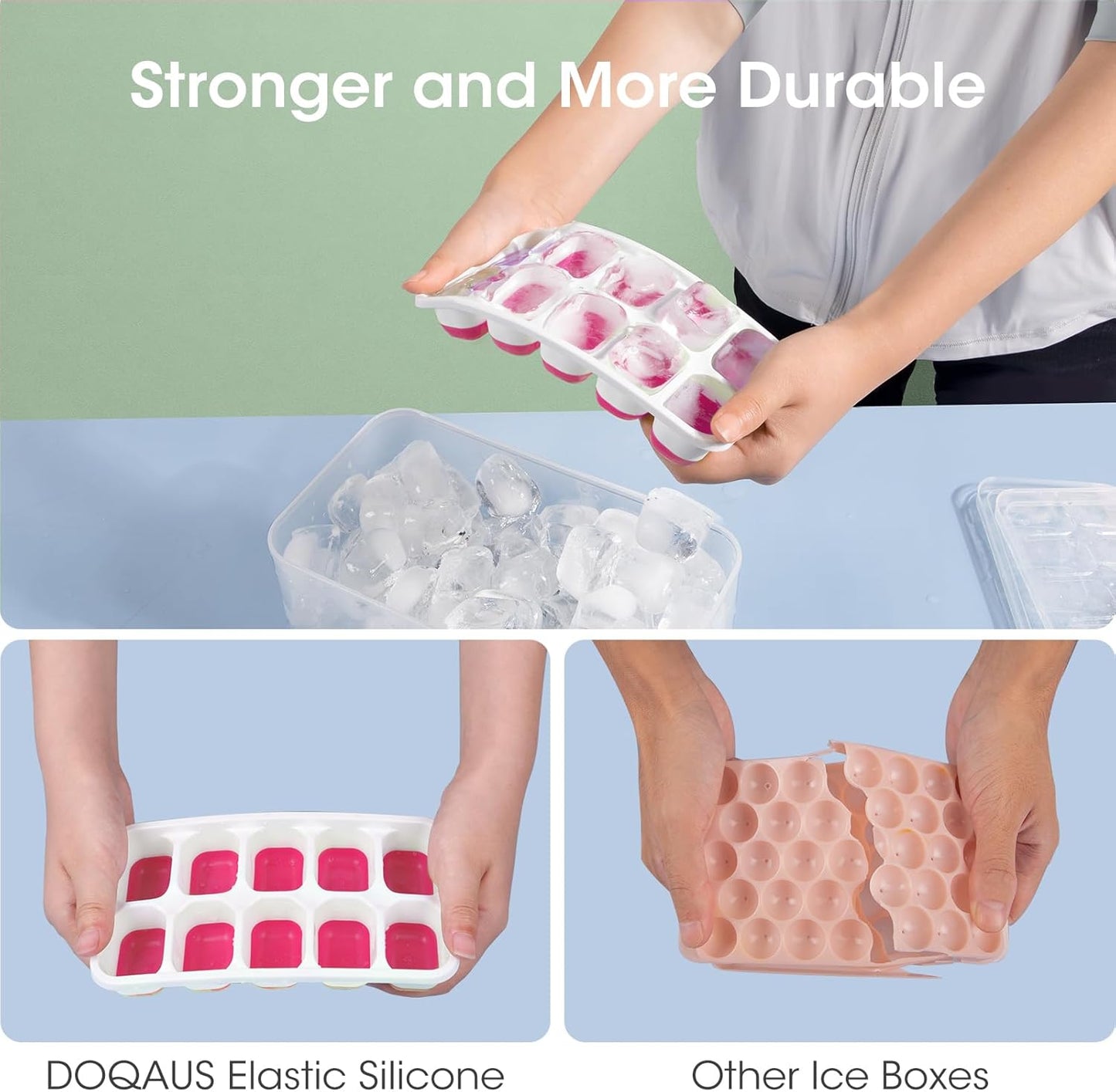 DOQAUS Ice Cube Tray with Lid and Bin - 4 Pack Silicone Ice Cube Trays for Freezer, Stackable Ice Bucket Kits with Storage Container & Scoop for Kitchen, RV, Cocktail, Coffee Quick Pick Grocers