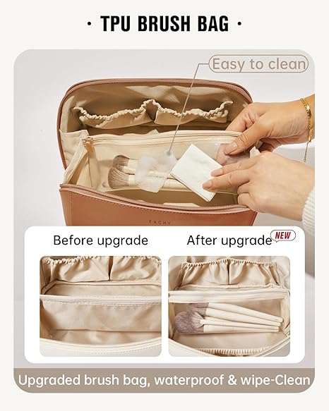 EACHY Travel Makeup Bag, Large Capacity Cosmetic Bag for Women, Waterproof PU Leather, Flat Open Portable Toiletry Bag for Skincare, Brushes & Travel Essentials Quick Pick Grocers
