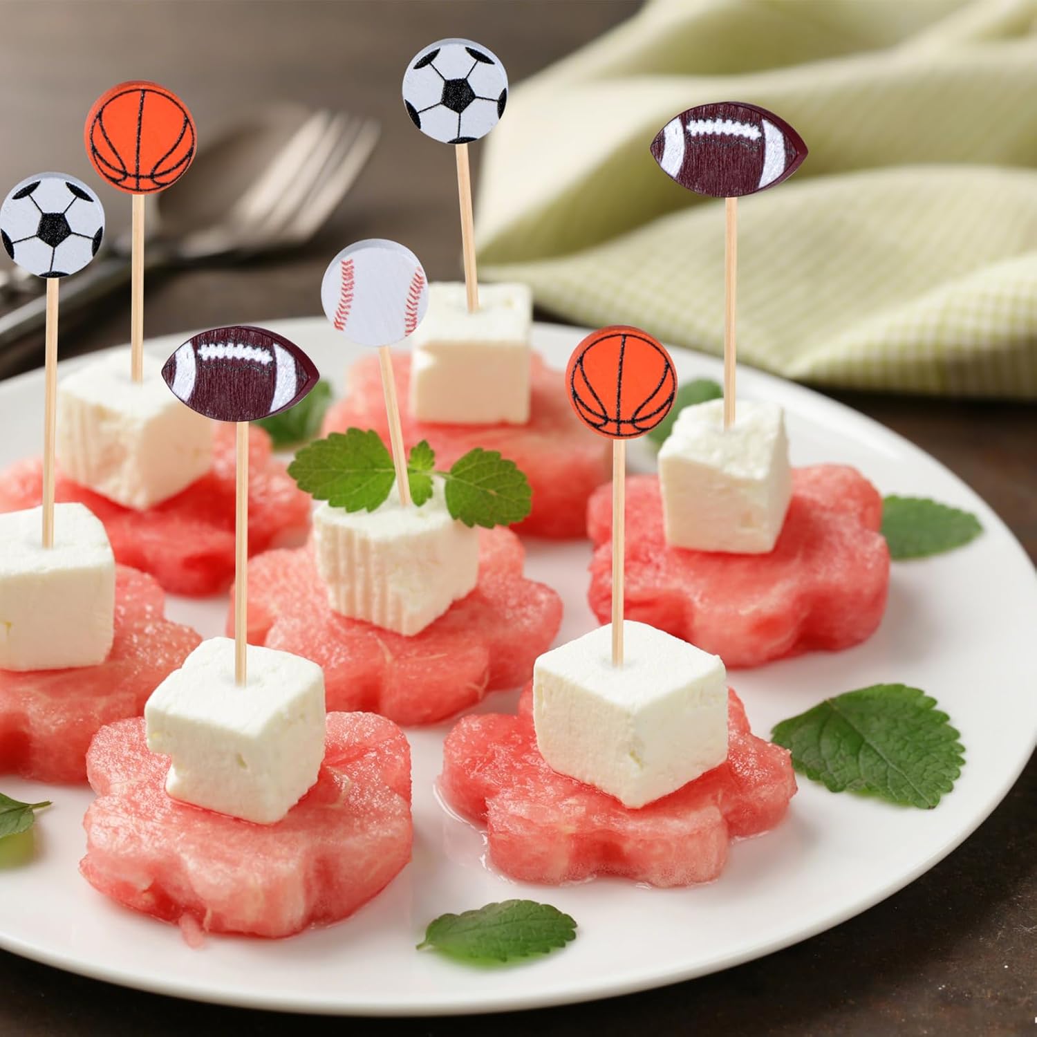 JtmyAota 100 Pack Soccer Toothpicks, 4.7 Inch Bamboo Cocktail Picks, Bamboo Toothpicks for World Cup Sports Catered Event Birthday Themed Party Decorations Quick Pick Grocers