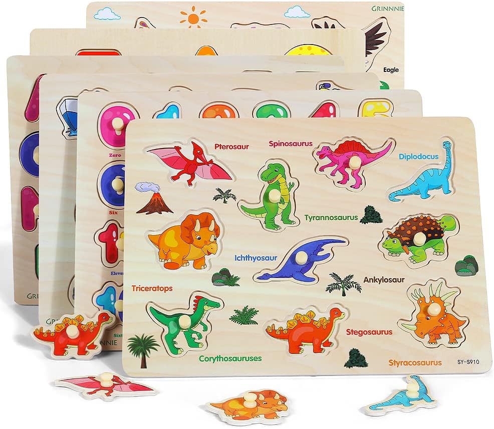 Wooden Peg Puzzle for Toddlers, 6 Pack Toddler Puzzles Set for 3 4 5 Years Old (Alphabet Number Shape Animal Dinosaur Vehicle), Preschool Education Learning Puzzle Toys for Girls and Boys Quick Pick Grocers