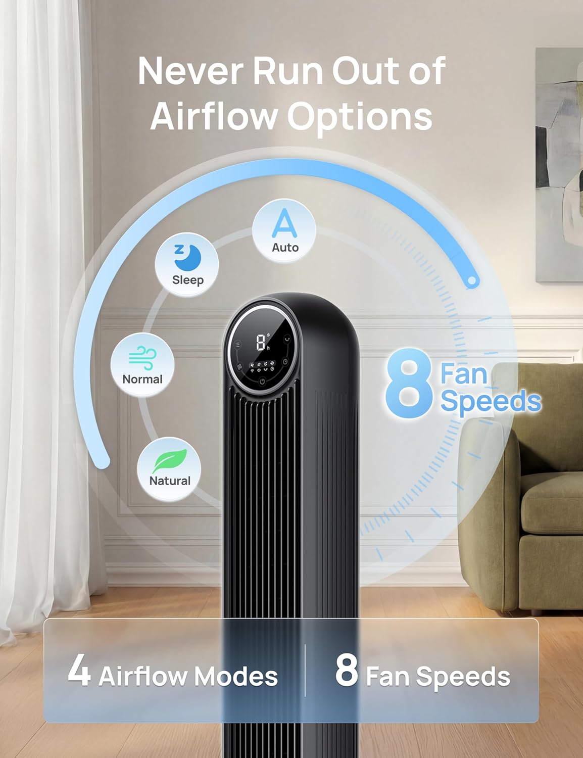DREO Tower Fan for Bedroom, 2026 Upgraded DC Motor, 28ft/s High Velocity, 20dB Ultra Quiet Standing Fan, 8 Speeds 4 Modes, 90° Oscillating Bladeless Fan for Indoors, Floor Fans with Remote Quick Pick Grocers