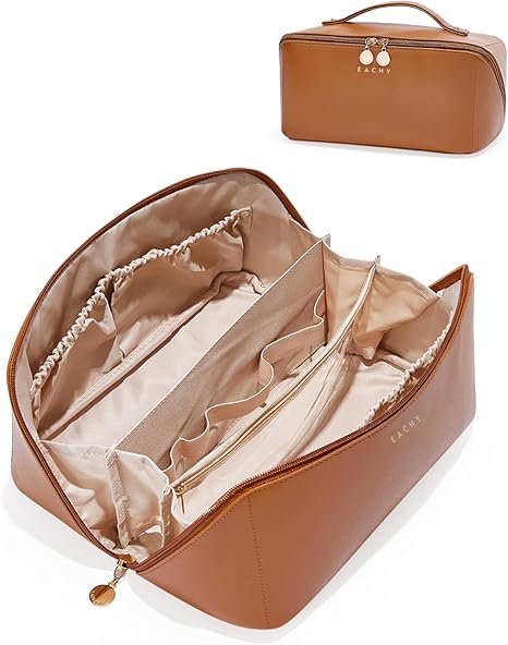 EACHY Travel Makeup Bag, Large Capacity Cosmetic Bag for Women, Waterproof PU Leather, Flat Open Portable Toiletry Bag for Skincare, Brushes & Travel Essentials Quick Pick Grocers