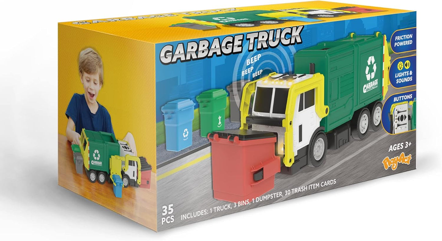 JOYIN Large Friction Powered Garbage Truck Toy Set, Includes Dumpster, Trash Bins, and Learning Cards for Kids Quick Pick Grocers