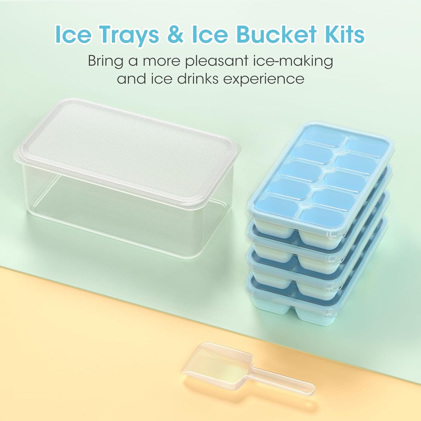 DOQAUS Ice Cube Tray with Lid and Bin - 4 Pack Silicone Ice Cube Trays for Freezer, Stackable Ice Bucket Kits with Storage Container & Scoop for Kitchen, RV, Cocktail, Coffee Quick Pick Grocers