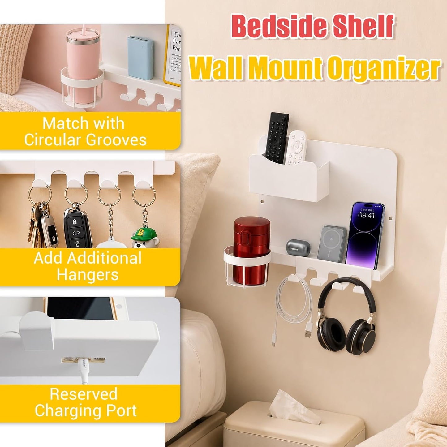 Metal Bedside Wall Shelf, No Drill Floating Bedside Shelf Wall Organizer | Bedside Wall Shelf with Detachable Cup Holder for Bedroom, Dorm, Nightstand Alternative, Bunk Bed Accessories & RV Storage Quick Pick Grocers