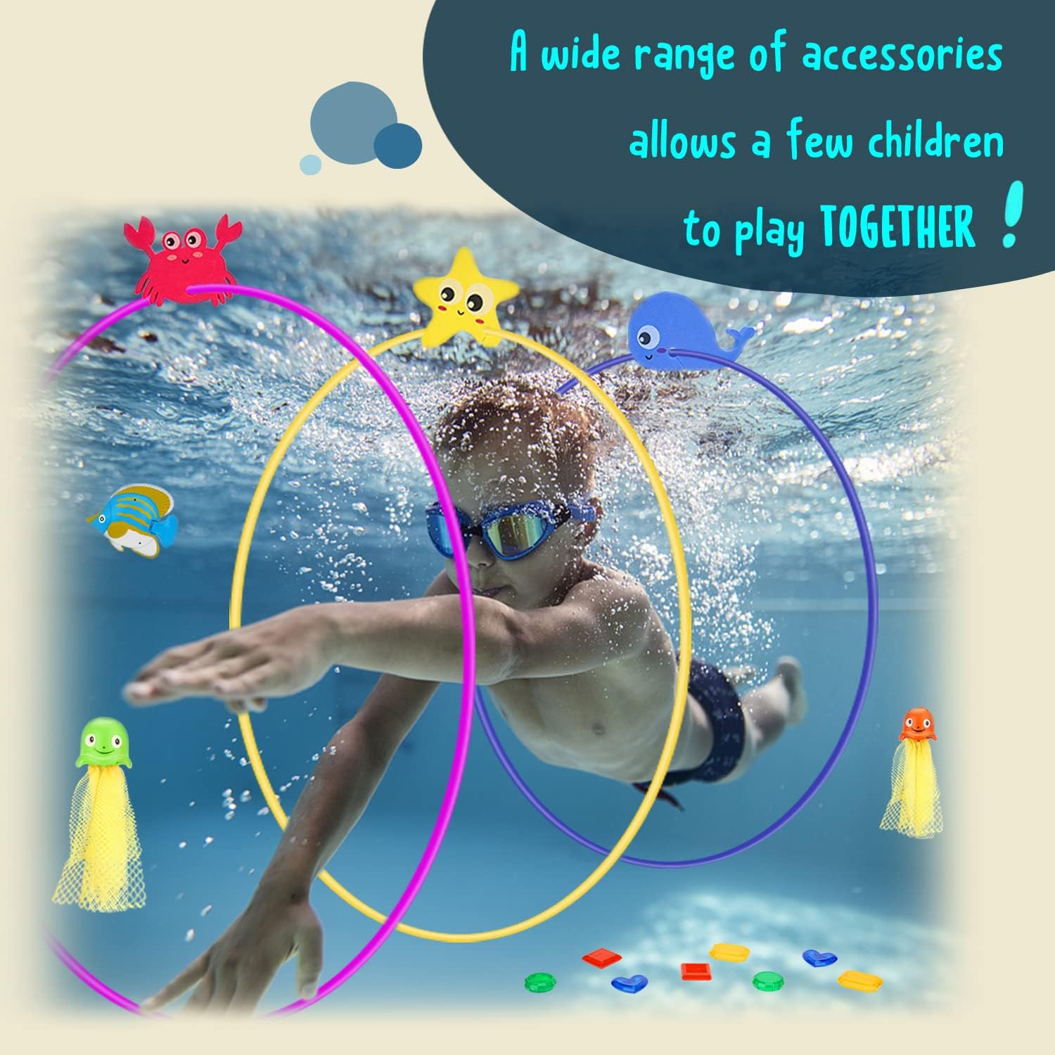 DAUXONE Diving Toys, 27 Pcs Pool Toys with Swim Thru Rings for Kids Age 3-12, Dive Sticks, Rings, Gem, Octopus, Torpedo, Mesh Bag Include Quick Pick Grocers