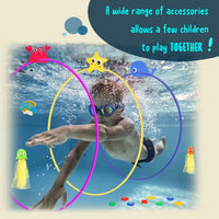 DAUXONE Diving Toys, 27 Pcs Pool Toys with Swim Thru Rings for Kids Age 3-12, Dive Sticks, Rings, Gem, Octopus, Torpedo, Mesh Bag Include Quick Pick Grocers