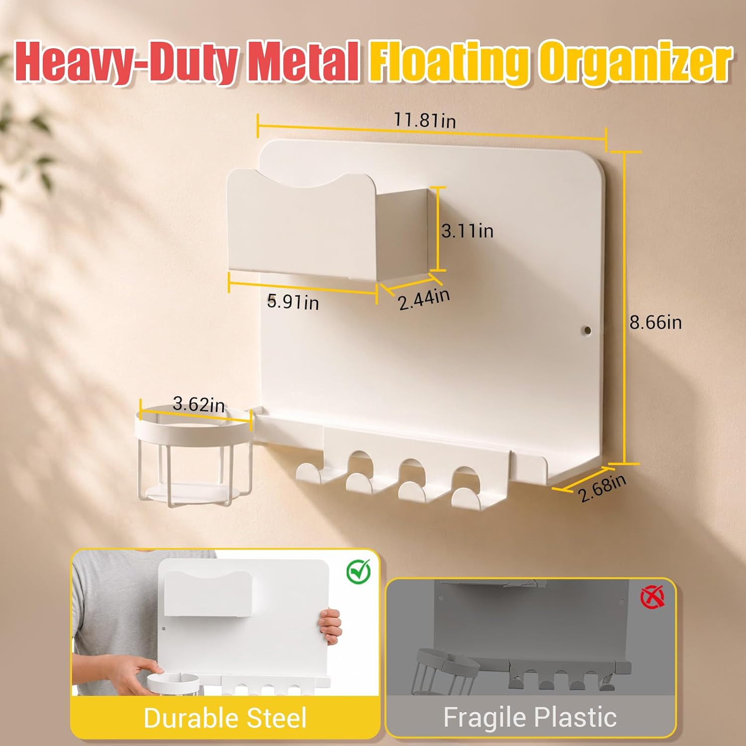 Metal Bedside Wall Shelf, No Drill Floating Bedside Shelf Wall Organizer | Bedside Wall Shelf with Detachable Cup Holder for Bedroom, Dorm, Nightstand Alternative, Bunk Bed Accessories & RV Storage Quick Pick Grocers