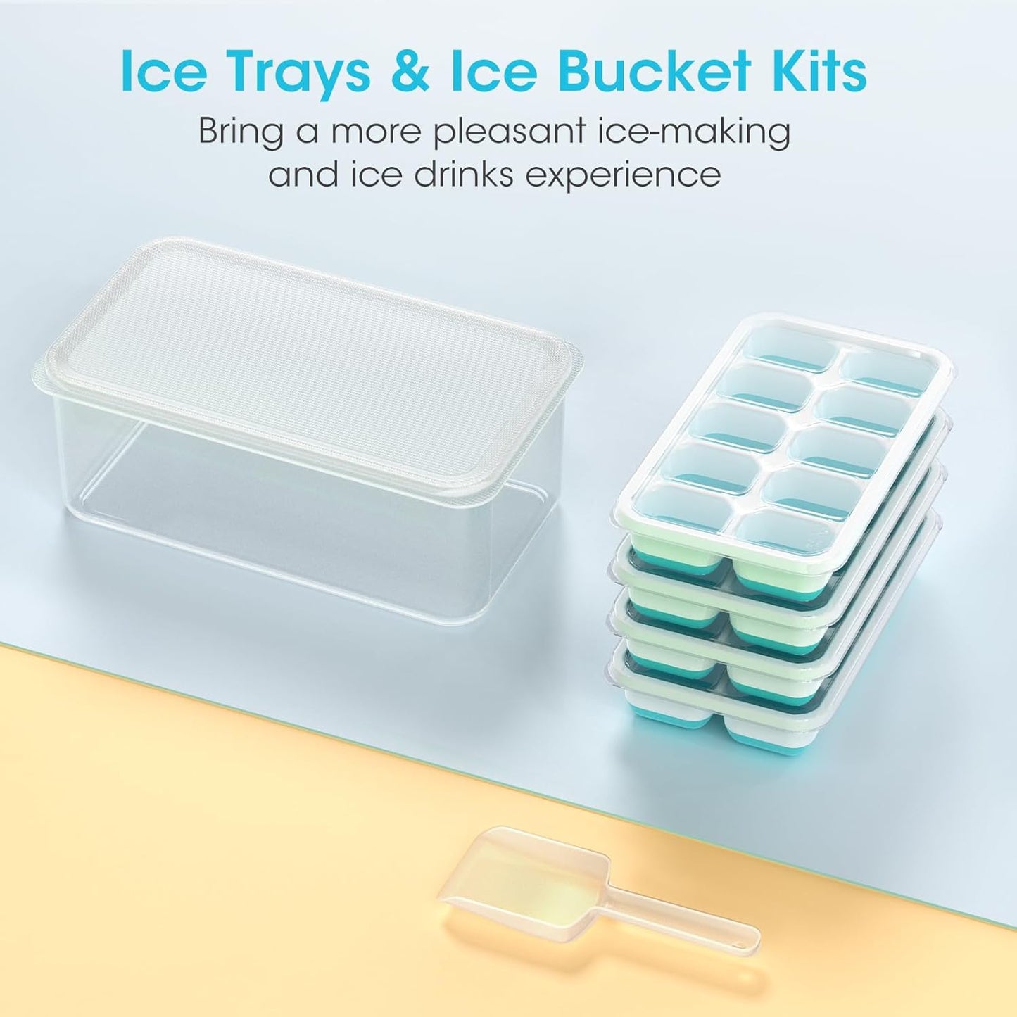 DOQAUS Ice Cube Tray with Lid and Bin - 4 Pack Silicone Ice Cube Trays for Freezer, Stackable Ice Bucket Kits with Storage Container & Scoop for Kitchen, RV, Cocktail, Coffee Quick Pick Grocers