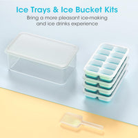 DOQAUS Ice Cube Tray with Lid and Bin - 4 Pack Silicone Ice Cube Trays for Freezer, Stackable Ice Bucket Kits with Storage Container & Scoop for Kitchen, RV, Cocktail, Coffee Quick Pick Grocers