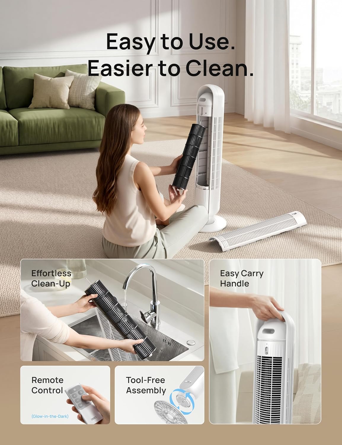 DREO Tower Fan for Bedroom, 2026 Upgraded DC Motor, 28ft/s High Velocity, 20dB Ultra Quiet Standing Fan, 8 Speeds 4 Modes, 90° Oscillating Bladeless Fan for Indoors, Floor Fans with Remote Quick Pick Grocers