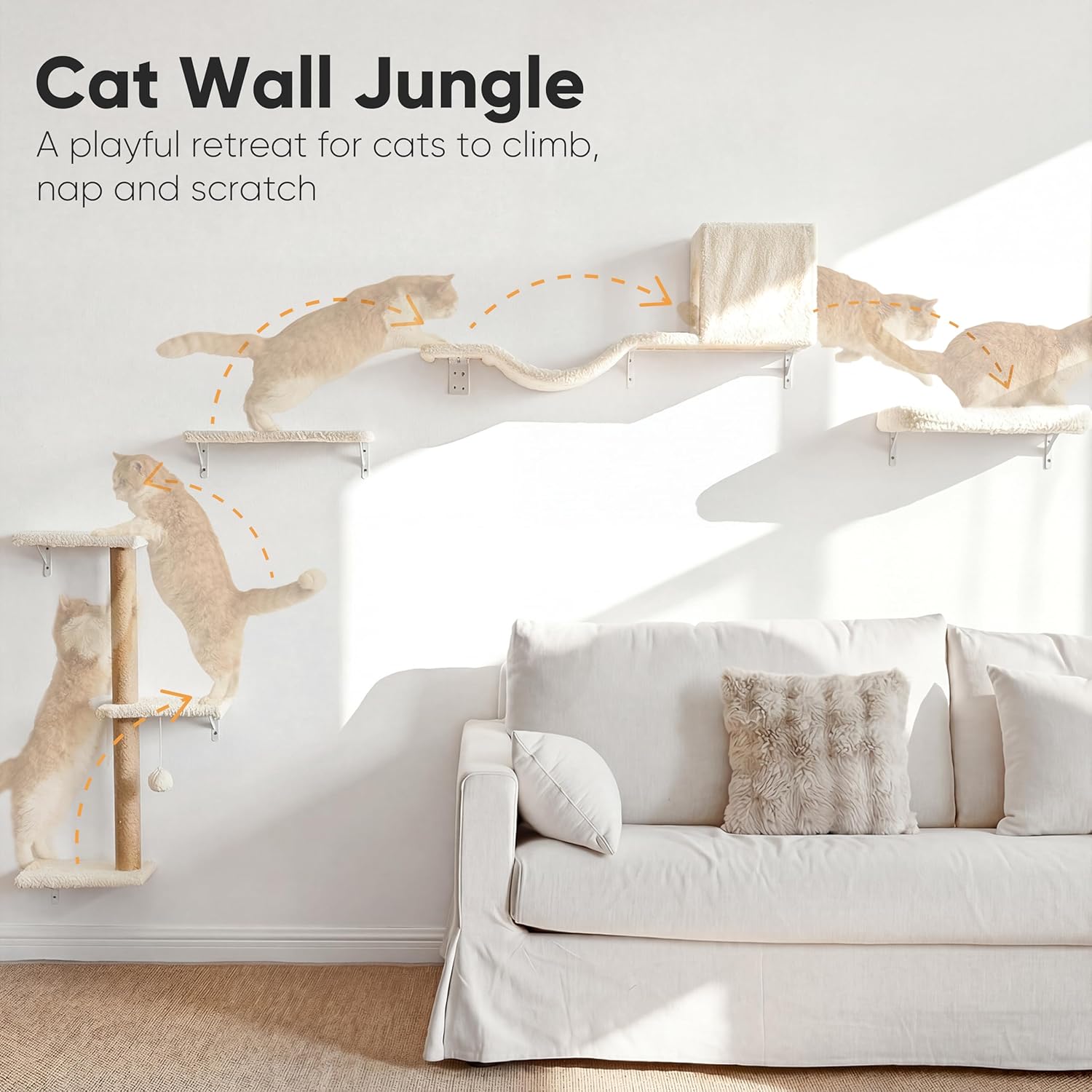 FUKUMARU Cat Wall Shelves, Stable & Safe 4 in 1 Cat Walls Furniture Set, Wooden Kitten Climbing Wall with Scratching Post for 16 Inch Drywall Quick Pick Grocers