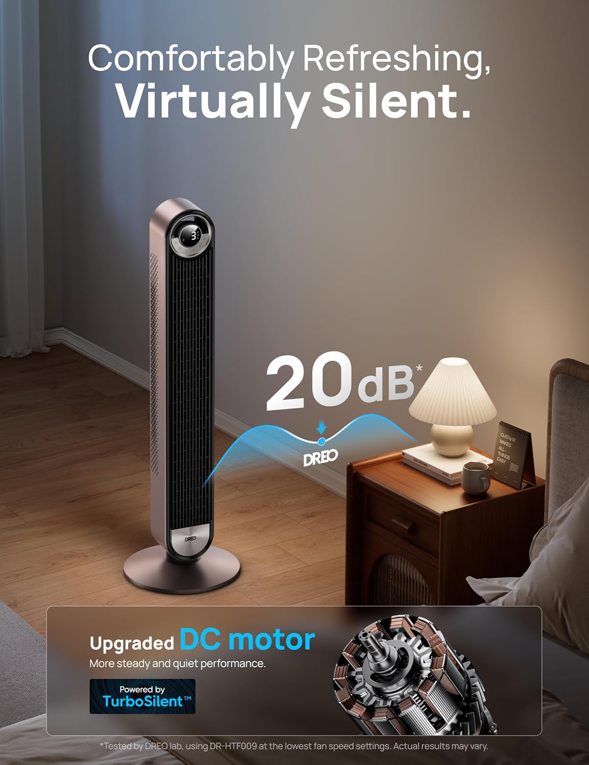 DREO Tower Fan for Bedroom, 90° Oscillating Standing Fan with 28ft/s Velocity, 20dB Quiet for Sleep, DC Motor, 9 Speeds, 4 Modes, 12H Timer, Voice & APP & Remote Control, Starlight Quick Pick Grocers