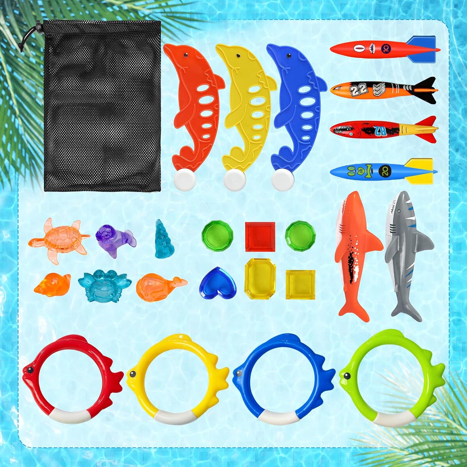 Jasonwell Pool Diving Toys Games - Swimming Pool Toys with Dive Sticks and Rings Underwater Treasures Torpedo Bandits Fish Toy etc Fun Water Swim Toy for Boys Girls Adults Kids Teens Quick Pick Grocers