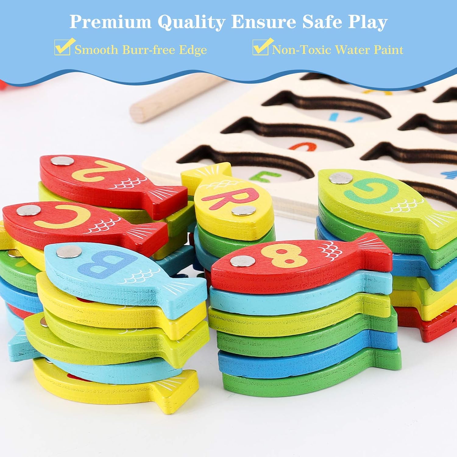 Magnetic Wooden Fishing Game Toy for Toddlers, Alphabet Fish Catching Counting Games Puzzle with Numbers and Letters, Preschool Learning ABC Math Educational Toys 3 4 5 Years Old Girl Boy Kids Quick Pick Grocers
