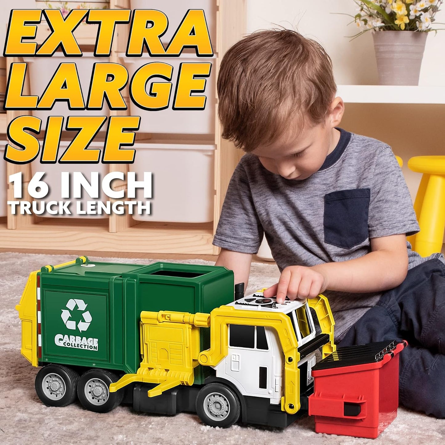 JOYIN Large Friction Powered Garbage Truck Toy Set, Includes Dumpster, Trash Bins, and Learning Cards for Kids Quick Pick Grocers