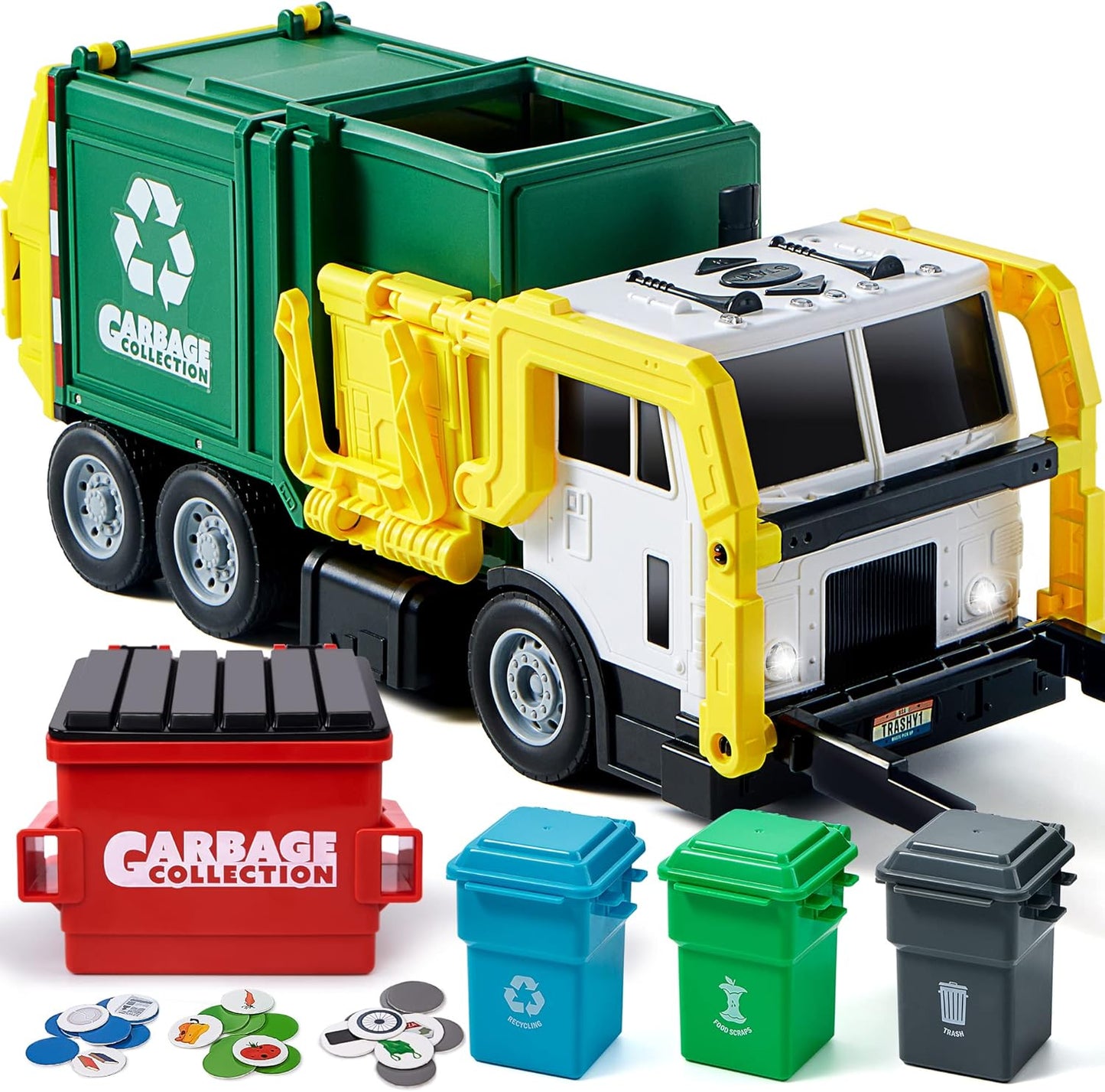 JOYIN Large Friction Powered Garbage Truck Toy Set, Includes Dumpster, Trash Bins, and Learning Cards for Kids Quick Pick Grocers