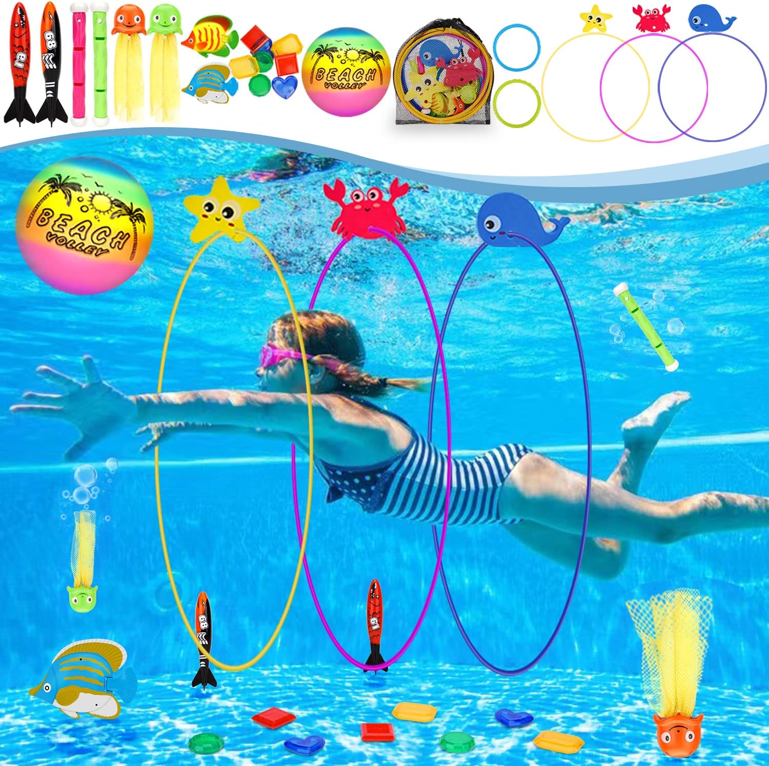 DAUXONE Diving Toys, 27 Pcs Pool Toys with Swim Thru Rings for Kids Age 3-12, Dive Sticks, Rings, Gem, Octopus, Torpedo, Mesh Bag Include Quick Pick Grocers