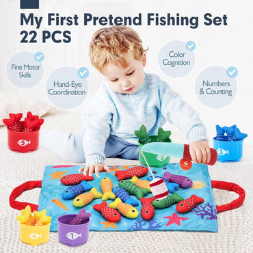 hahaland Montessori Toys for 1 Year Old Boy Girl Birthday Gift - 10 in 1 Cloth Fishing Game Toddler Toys with Stacking Cups - Number Counting, Color Sorting Learning Quick Pick Grocers