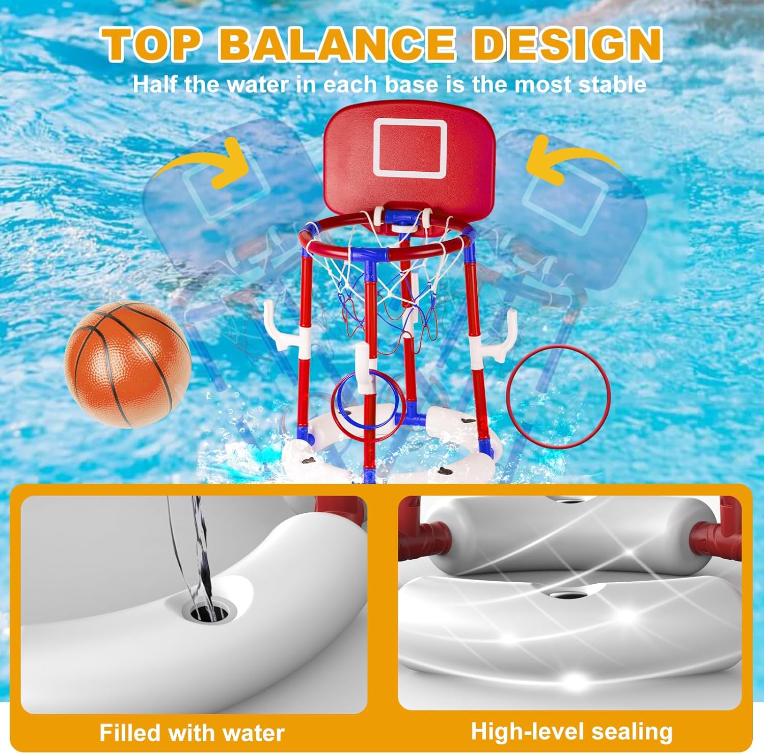 2-in-1 Poor Toy Basketball & Ring Toss Game with 4 Balls, 6 Rings&Pump, Summer Pool Toys Outdoor Water Fun Family Party for Age 3-12 Quick Pick Grocers