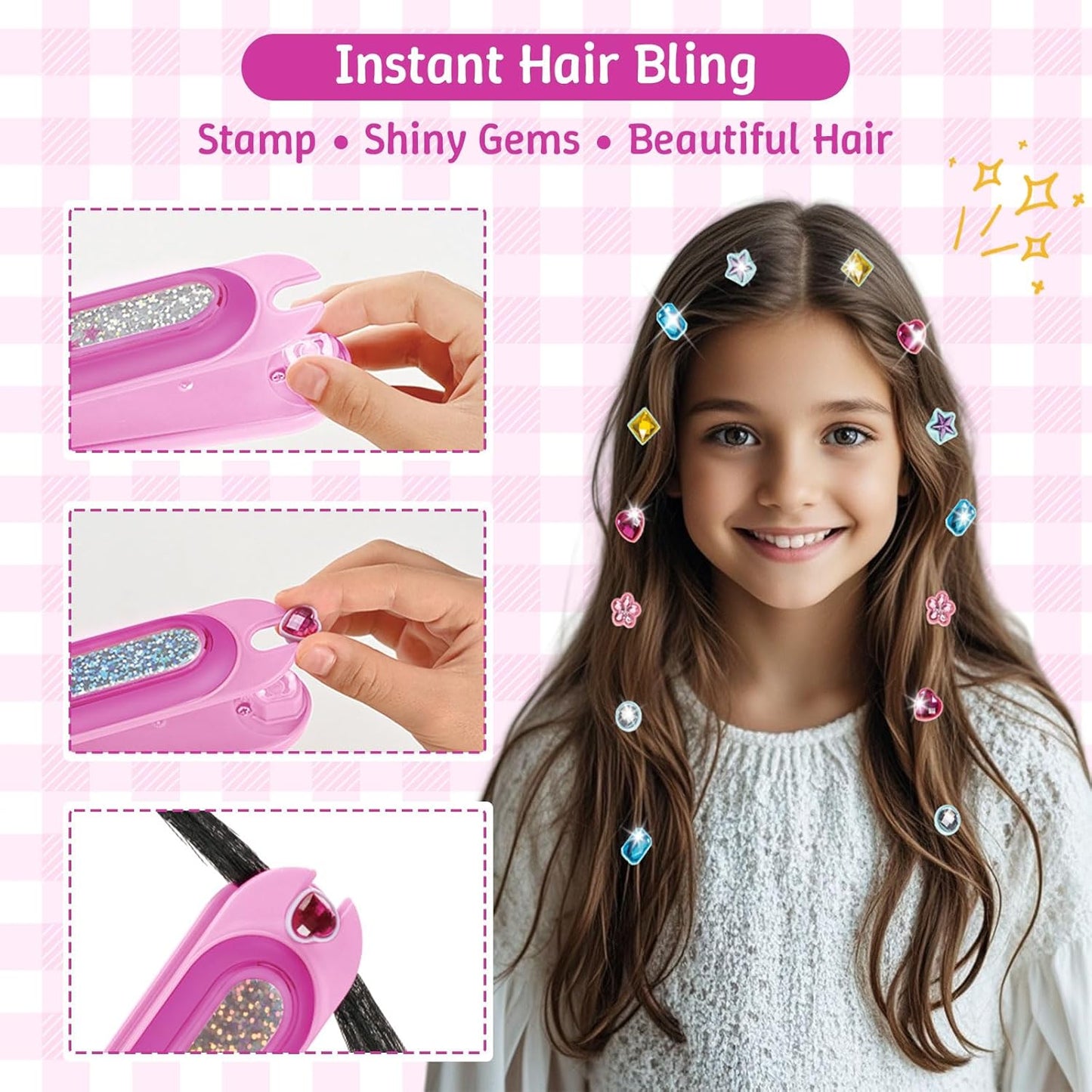 DIY Hair Salon Toys for Girls, Hair Gem Stamper Kit And Hair Rope Braider, Bling Hair Jewels Styling Tool with Glitter Diamonds Comb Beads Accessories Christmas Birthday Gifts for Girl 3 4 5 6 7 8-12 Quick Pick Grocers