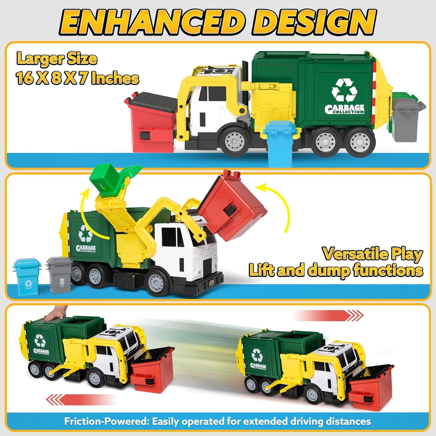JOYIN Large Friction Powered Garbage Truck Toy Set, Includes Dumpster, Trash Bins, and Learning Cards for Kids Quick Pick Grocers
