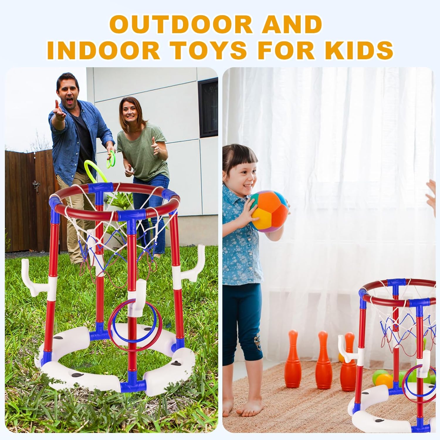 2-in-1 Poor Toy Basketball & Ring Toss Game with 4 Balls, 6 Rings&Pump, Summer Pool Toys Outdoor Water Fun Family Party for Age 3-12 Quick Pick Grocers