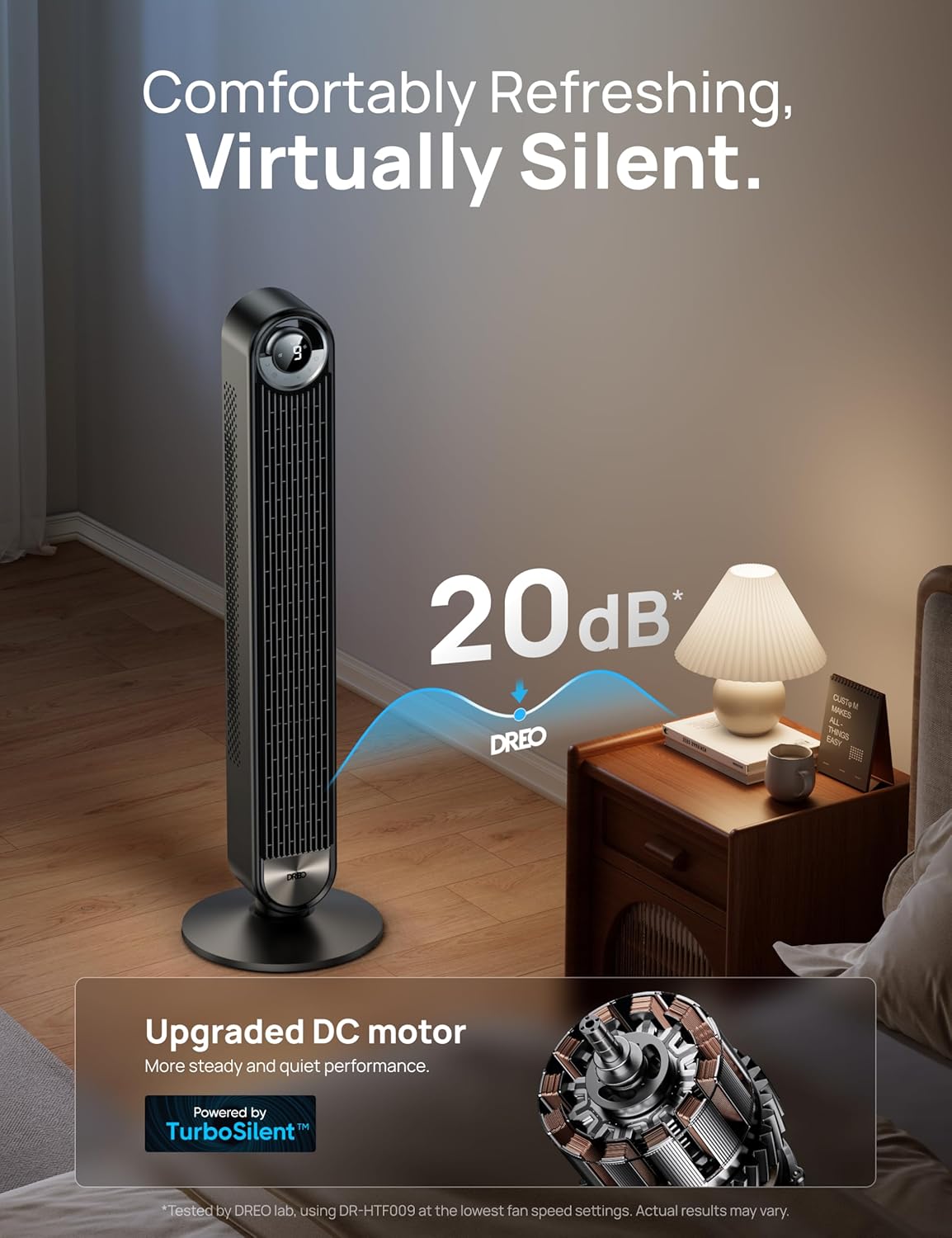 DREO Tower Fan for Bedroom, 90° Oscillating Standing Fan with 28ft/s Velocity, 20dB Quiet for Sleep, DC Motor, 9 Speeds, 4 Modes, 12H Timer, Voice & APP & Remote Control, Starlight Quick Pick Grocers