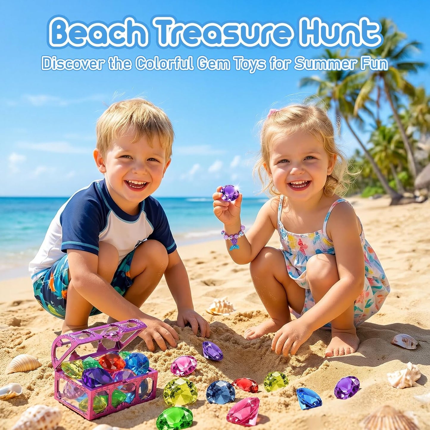 VGOFUN Diving Gems Pool Toys,10 Pcs Colorful Diamond with Treasure Chest Pirate Box Kids Swim Toys Acrylic Underwater Gemstone for Boys Girls Bath Toys Swimming Training Gift Water Pool Games Quick Pick Grocers