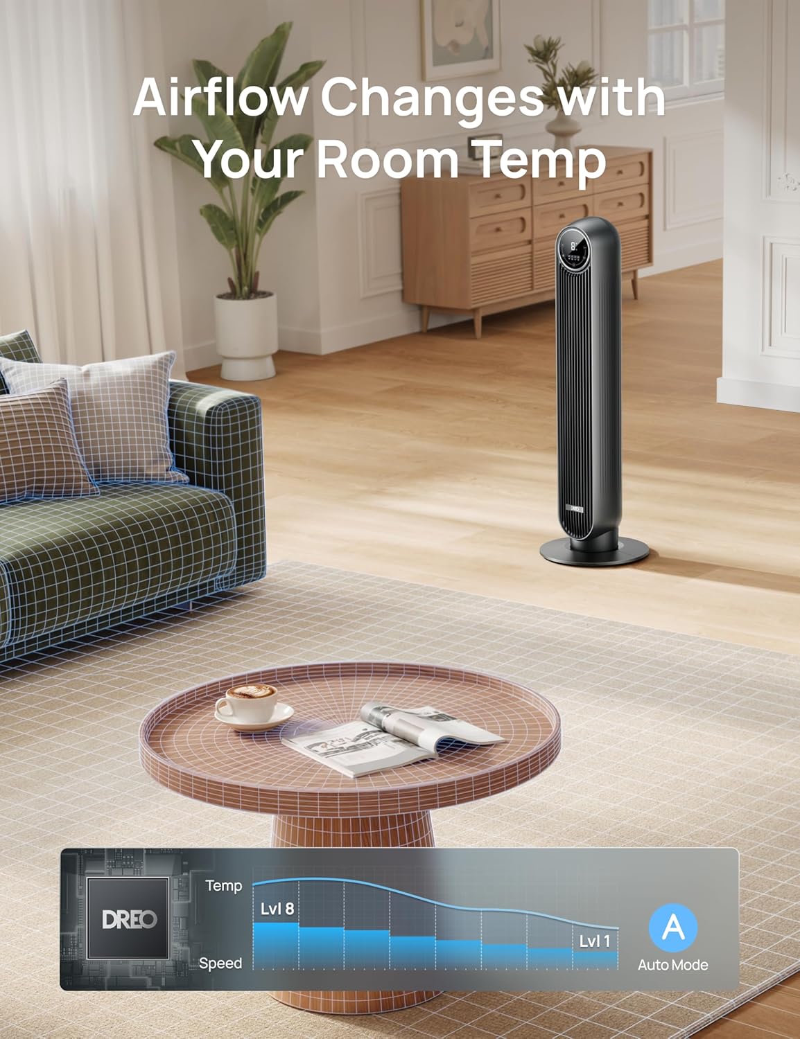 DREO Tower Fan for Bedroom, 2026 Upgraded DC Motor, 28ft/s High Velocity, 20dB Ultra Quiet Standing Fan, 8 Speeds 4 Modes, 90° Oscillating Bladeless Fan for Indoors, Floor Fans with Remote Quick Pick Grocers