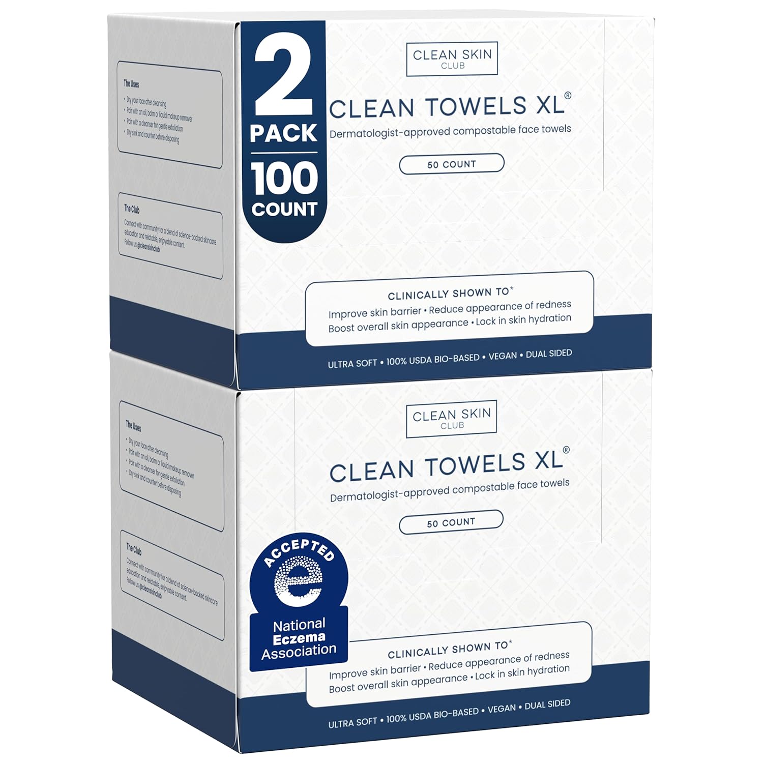 Clean Skin Club Clean Towels XL®, 100% USDA Biobased Face Towel, Disposable Face Towelette, Eczema Association Accepted, Makeup Remover Dry Wipes, Ultra Soft Quick Pick Grocers