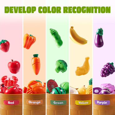Learning Toys Play Food Set for Toddlers, Cutting Food for Preschool Activities, Play Kitchen Accessories, Educational Toys, Color Sorting Set for Boys & Girls, Back to School Gifts for Toddlers Quick Pick Grocers