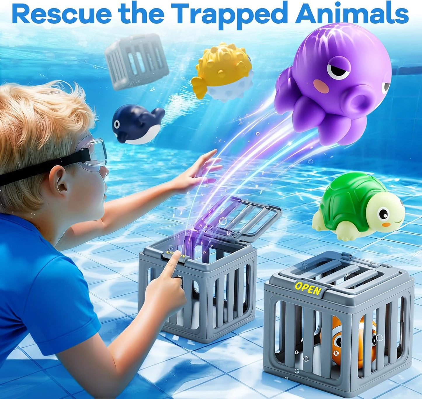 Funscape Kids Pool Diving Toys, Water Swimming Dive Pool Game, Toddler Bath Toy Play Set W/ Fish Box Floating Animals, Fun Outdoor Beach Lake Swim Summer Party Gift 3 4 5 6 7 8 10 12 Year Old Boy Girl Quick Pick Grocers