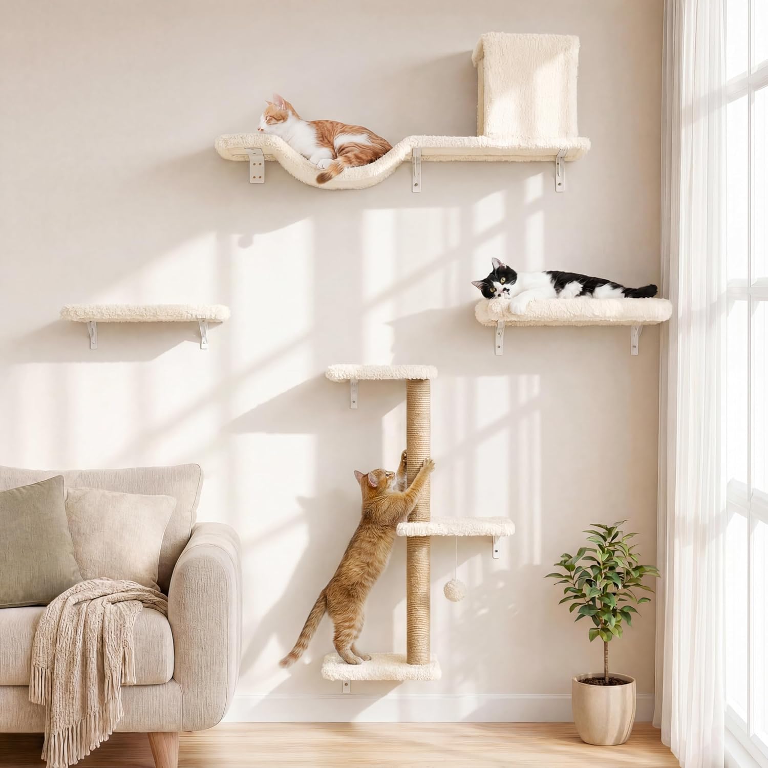 FUKUMARU Cat Wall Shelves, Stable & Safe 4 in 1 Cat Walls Furniture Set, Wooden Kitten Climbing Wall with Scratching Post for 16 Inch Drywall Quick Pick Grocers