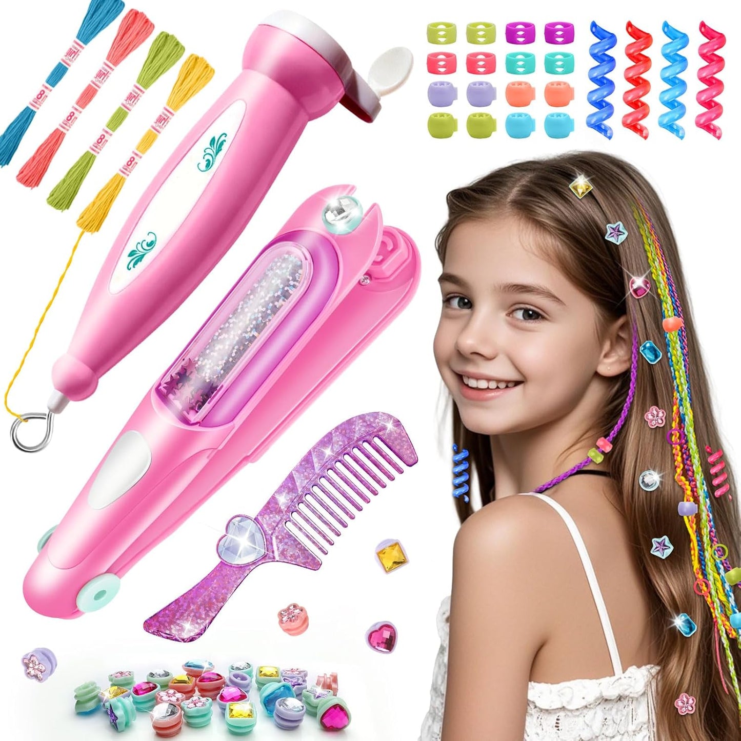 DIY Hair Salon Toys for Girls, Hair Gem Stamper Kit And Hair Rope Braider, Bling Hair Jewels Styling Tool with Glitter Diamonds Comb Beads Accessories Christmas Birthday Gifts for Girl 3 4 5 6 7 8-12 Quick Pick Grocers