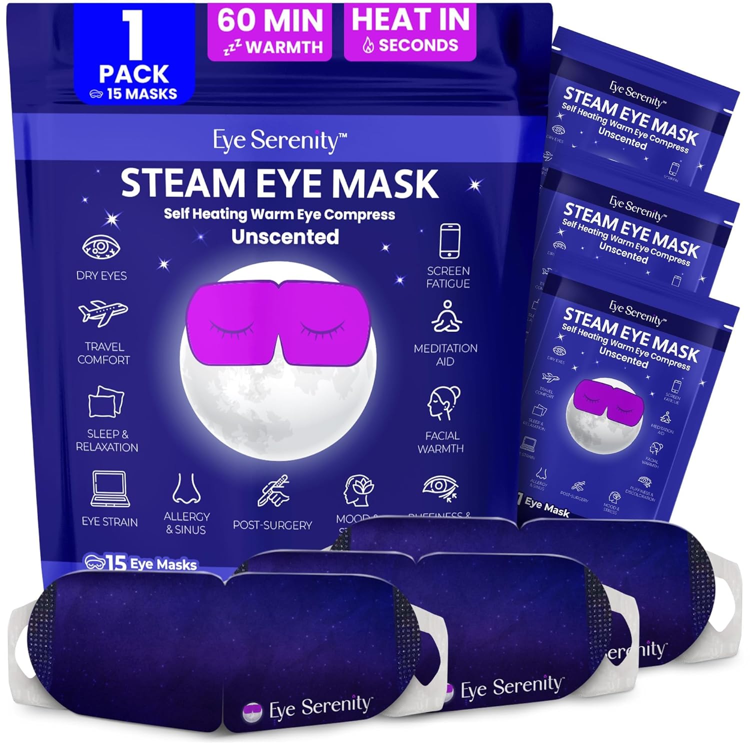Eye Serenity Steam Eye Mask, Heated Eye Mask, Self Heating Warm Compress for Dry Eyes, Fast Relief for Stye, Puffy Sensitive Eyes, Moist Heat, Relaxation Gifts for Women and Men (15 Pack) Quick Pick Grocers