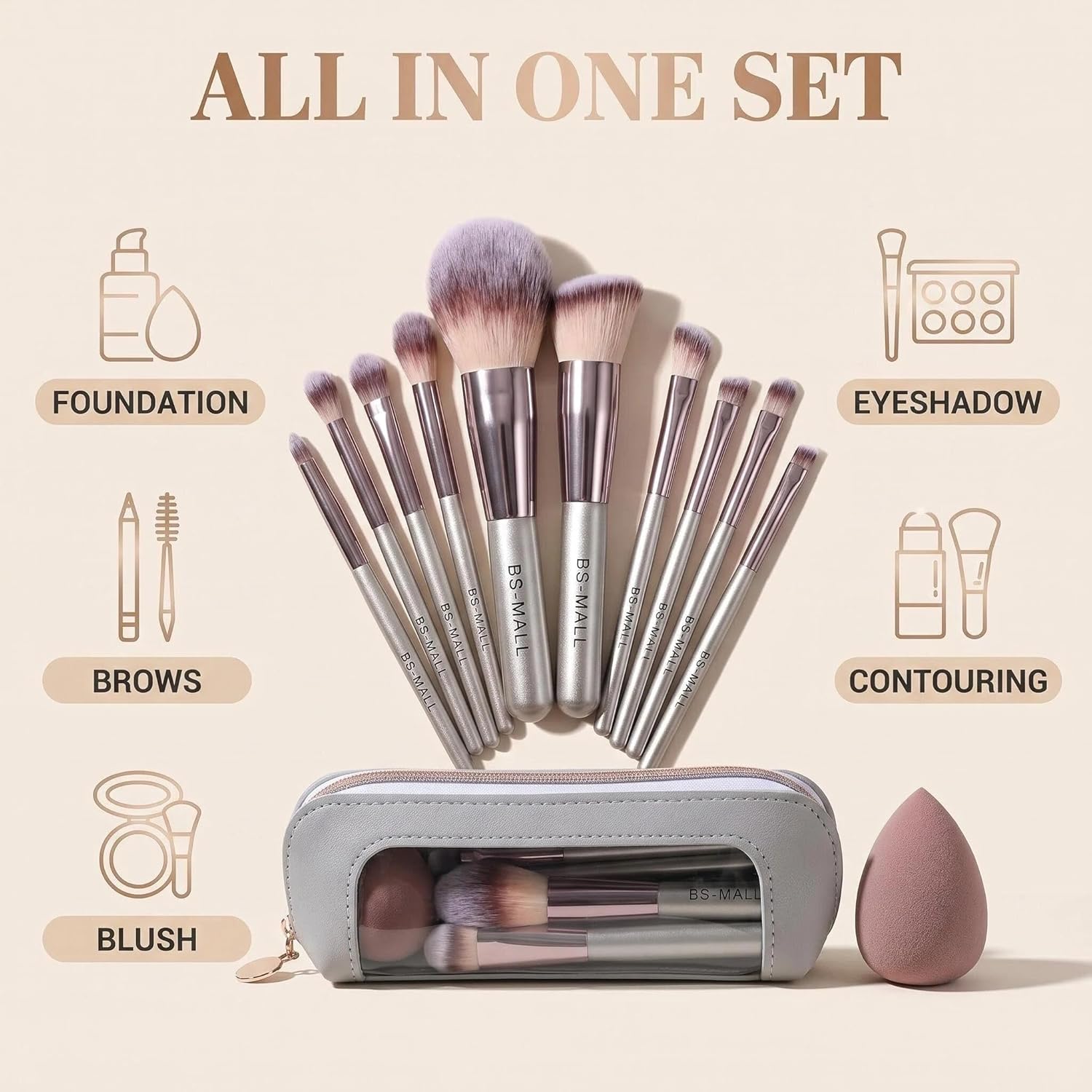 Travel Makeup Brush Set BS-MALL14 PCS Professional Makeup Brushes with Case & Sponge for Foundation, Concealer, Powder, Blush & Eyeshadow, Soft Synthetic Brush Kit for Women, Beginners & Travelers Quick Pick Grocers
