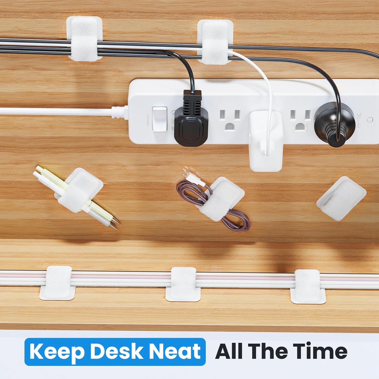 Cable Management Under Desk, 【Up to 15 Cord】【Enhanced Wire Holder】 Cord Organizer Holder, Adjustable Hook and Loop Cable Ties, Wire Clips Under Table Hider Quick Pick Grocers