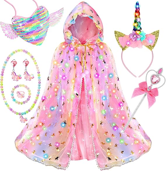 Fedio Princess Dress up for Girls,Unicorn Light up Princess Cape Set,Light up Princess Dress with Unicorn Toys for Girls 3-8 Quick Pick Grocers
