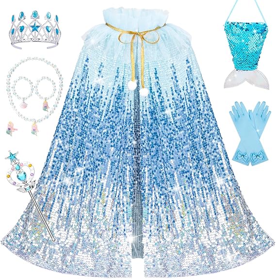 Meland Princess Dress Up for Girls 3-8, Mermaid Cape with Crown, Dress Up Clothes Birthday Gift Toys for Girls Toddlers Quick Pick Grocers