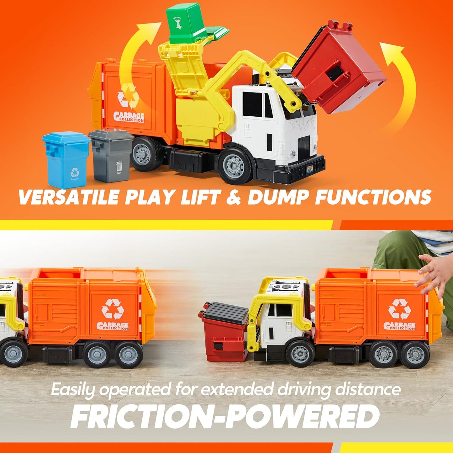 JOYIN Large Friction Powered Garbage Truck Toy Set, Includes Dumpster, Trash Bins, and Learning Cards for Kids Quick Pick Grocers