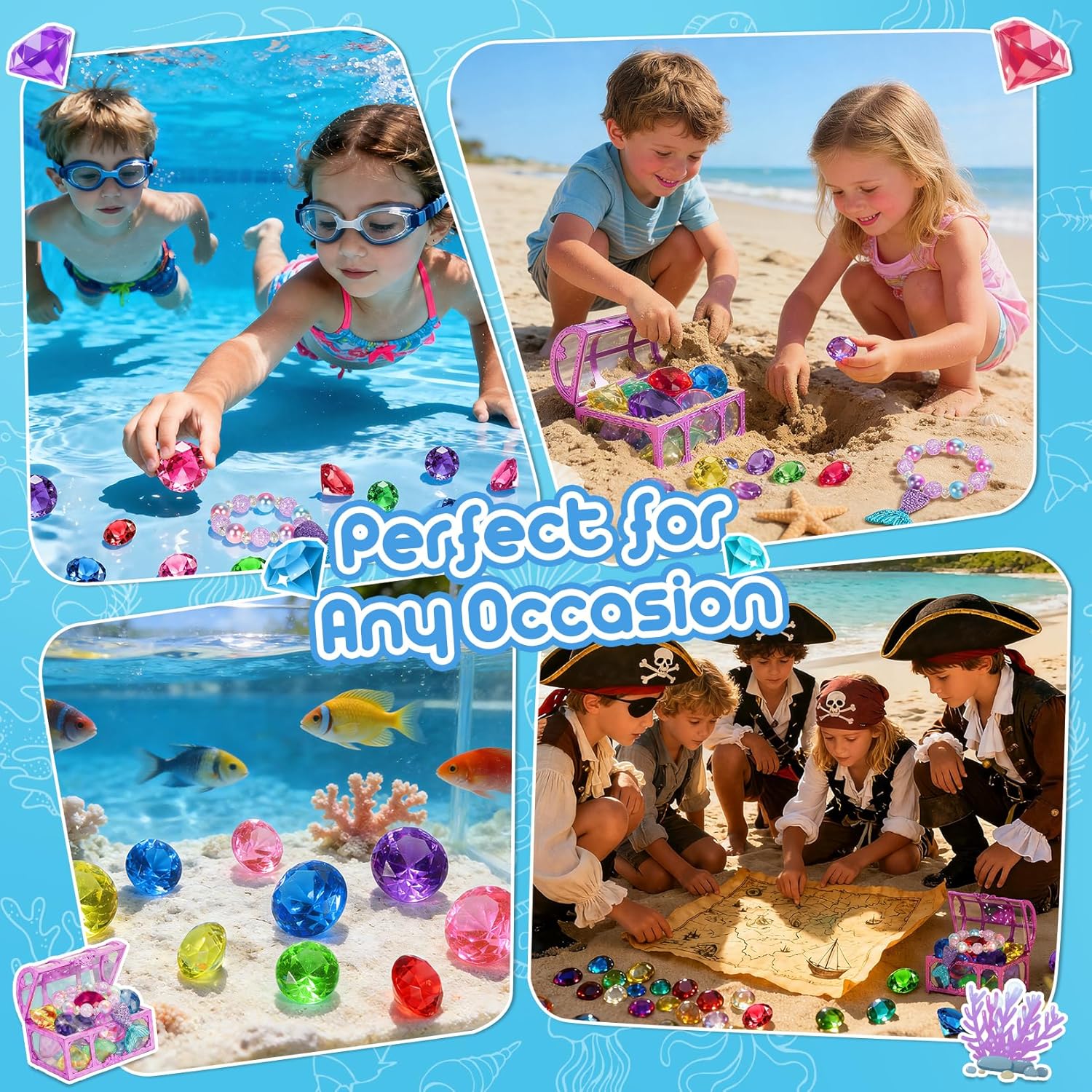 VGOFUN Diving Gems Pool Toys,10 Pcs Colorful Diamond with Treasure Chest Pirate Box Kids Swim Toys Acrylic Underwater Gemstone for Boys Girls Bath Toys Swimming Training Gift Water Pool Games Quick Pick Grocers