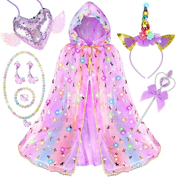 Fedio Princess Dress up for Girls,Unicorn Light up Princess Cape Set,Light up Princess Dress with Unicorn Toys for Girls 3-8 Quick Pick Grocers