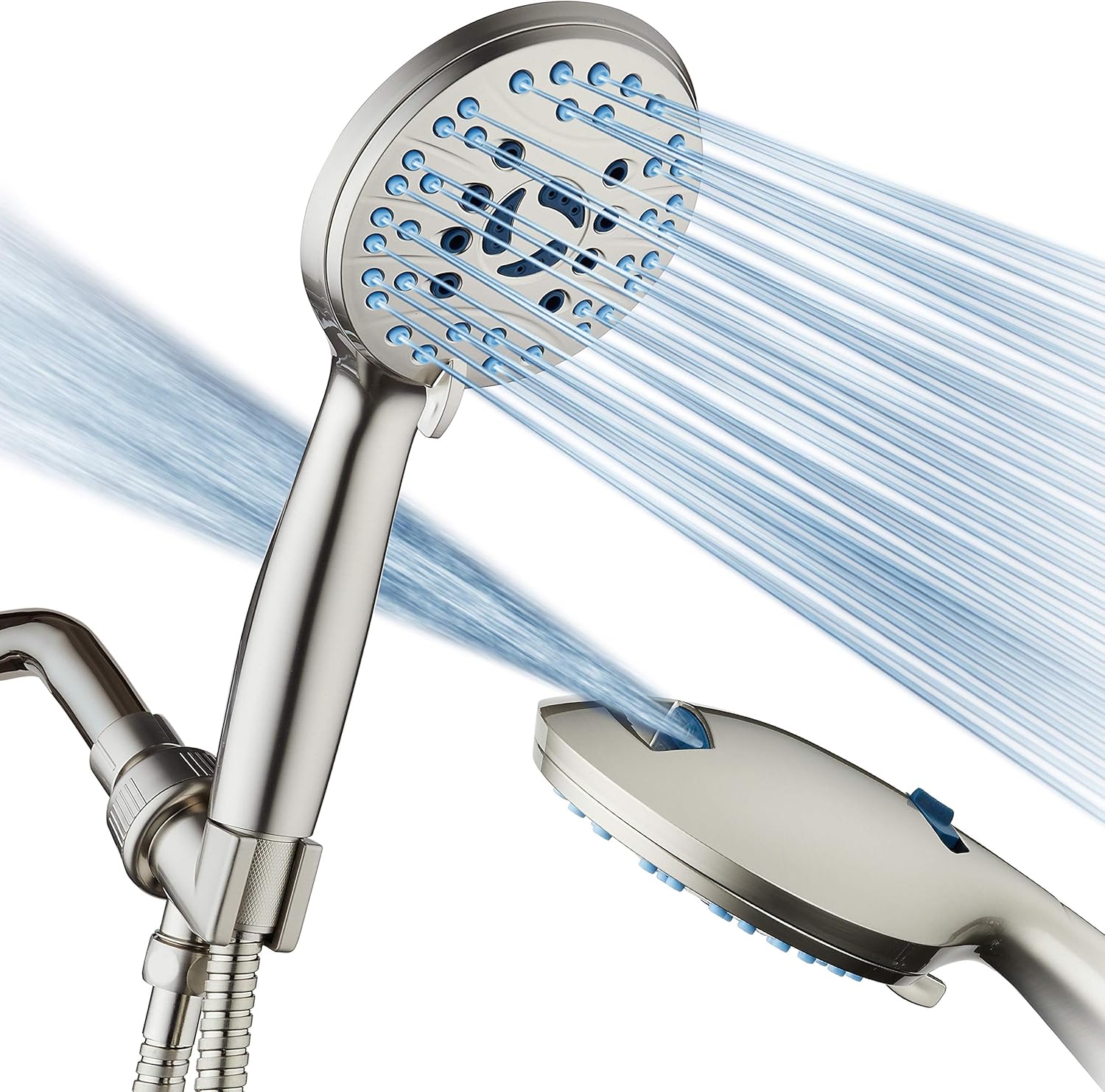Hotel Spa AquaCare High Pressure 8-mode Handheld Shower Head, Anti-clog Nozzles - Built-in Power Wash to Clean Tub, Tile & Pets, Extra Long 6 ft. Stainless Steel Hose, Wall & Overhead Brackets Quick Pick Grocers